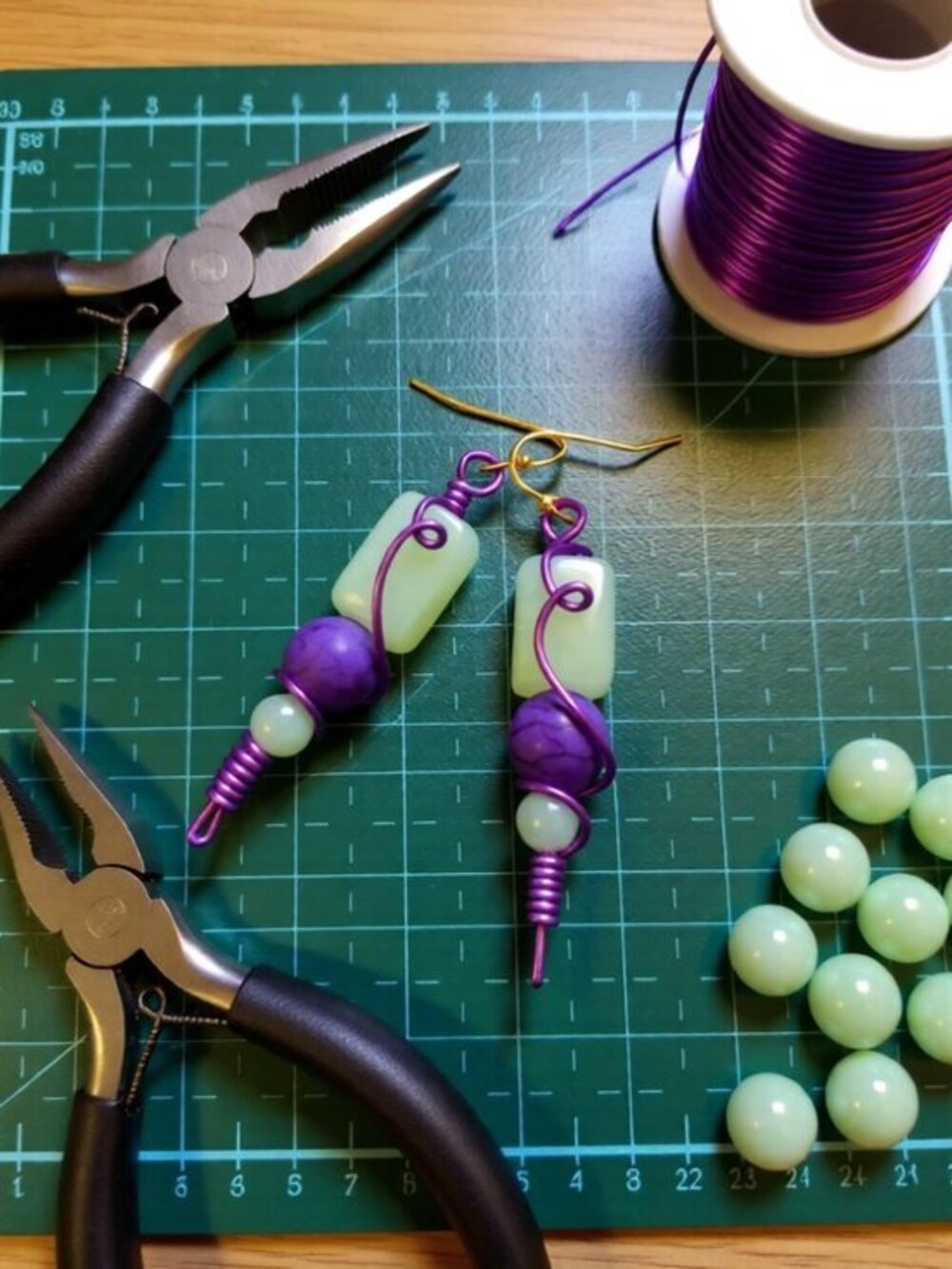 Handcrafted & Wire Wrapped! Big Chunky Scepter Earrings - Mint Green + Purple